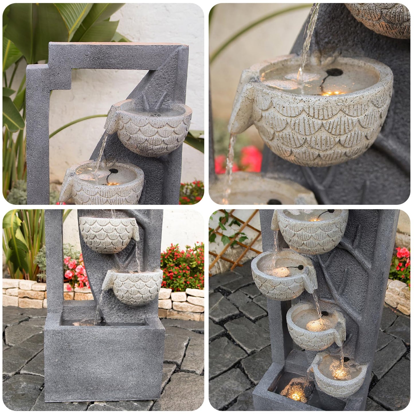 49.61’’H Waterfall Garden Fountain Outdoor 6-Tiered Modern Floor Standing Water Fall Fountains Indoor Cascading Bowl Water Feature with LED Lights Natural Stones for Living Room Office Home Decor