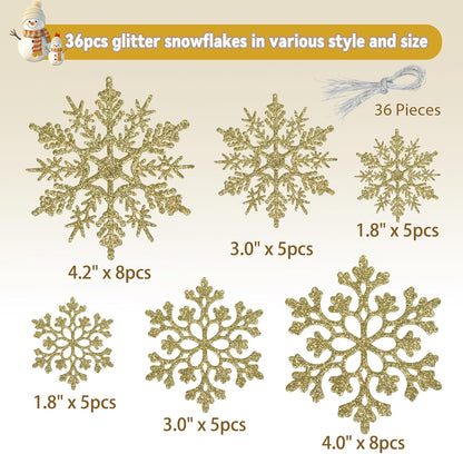 Skiennix 36-Piece Christmas Gold Snowflake Ornaments - Glittery Winter Tree Decorations