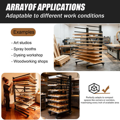 Heavy-Duty Metal Rolling Paint Rack, Expandable Woodworking Drying Rack, Staining & Curing Trim & Wood Panels for Cabinet Doors, Reinforced Steel Frame with 7.5" Casters, Paint Studios/Factory (Black)