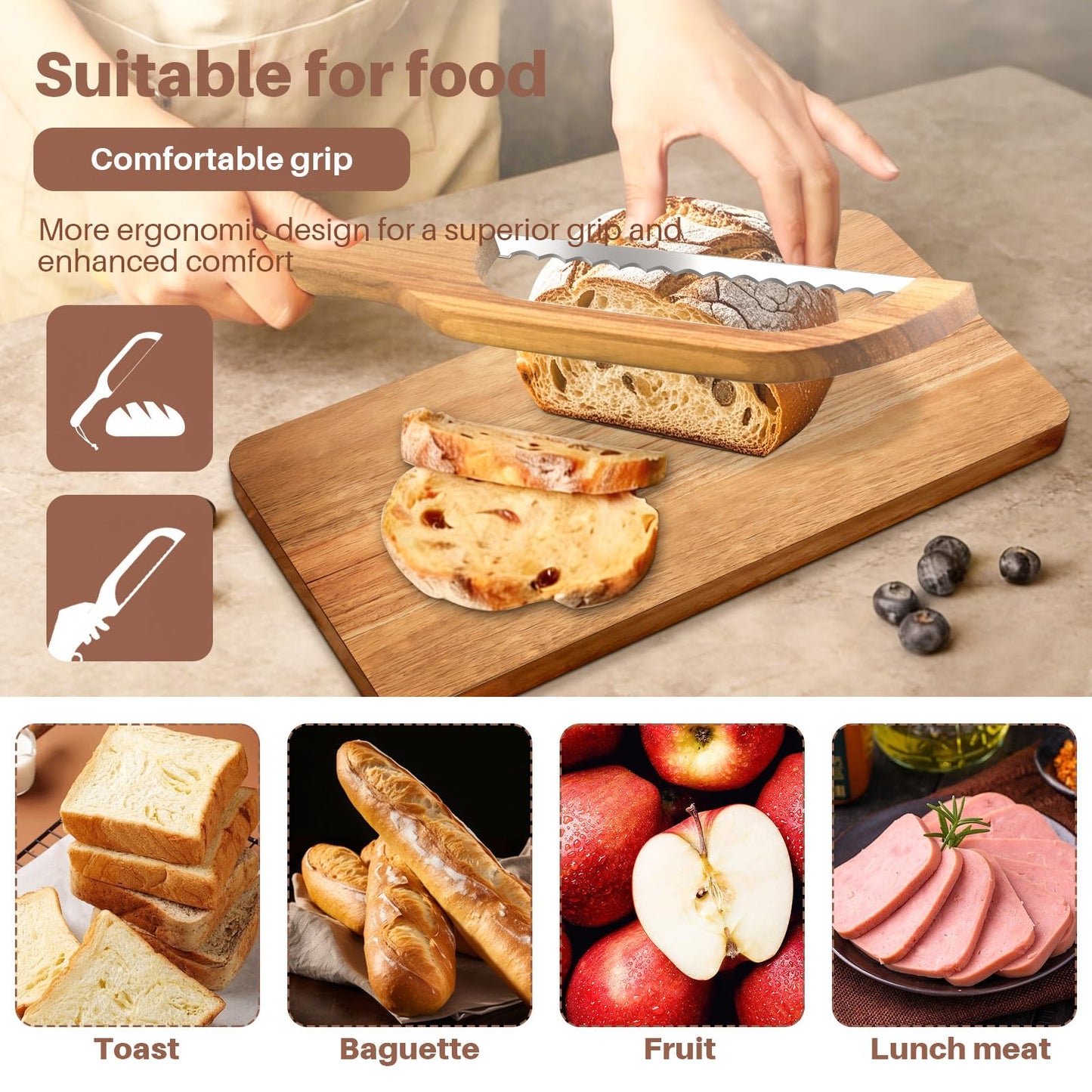 Yonent Wooden Bread Cutting Board with Bow Bread Slicer Set, Includes 2 Stainless Steel Blades and Removable Knife for Slicing Homemade Sourdough, Baguettes and Artisan Bread