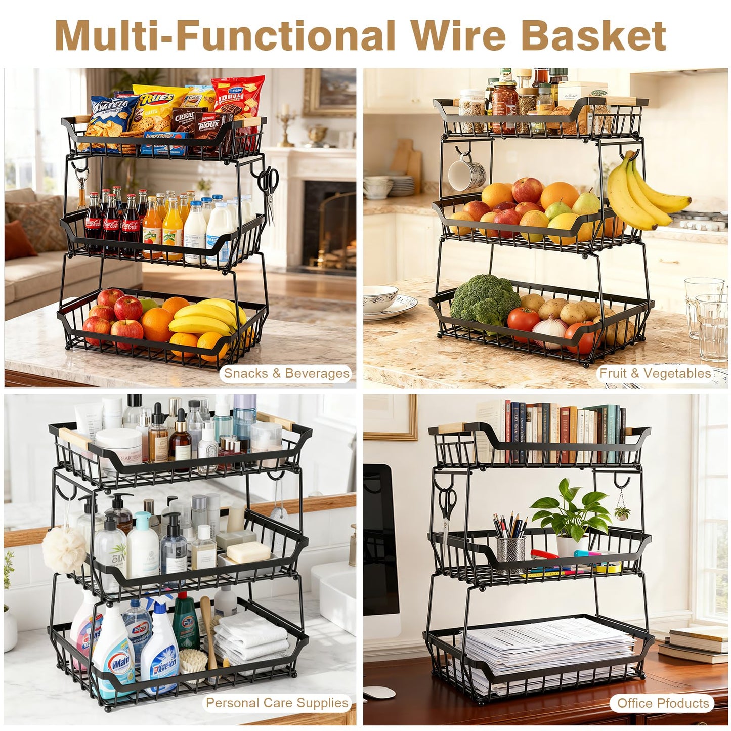 3 Tier Fruit Basket for Kitchen Counter with 2 Banana Hangers, Countertop Metal Fruit Bowl with Wooden Handle, Large Capacity Metal Wire Fruits Stand Organizer for Fruits Vegetables Breads Coffee Can