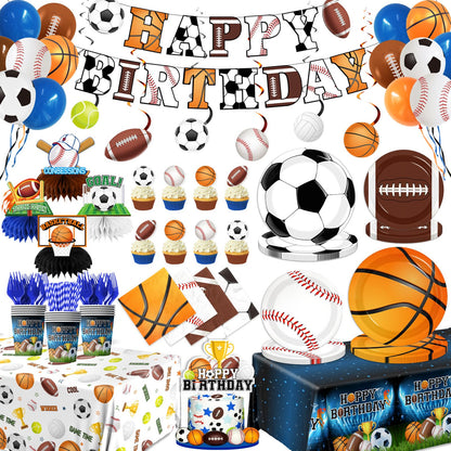 198Pcs Sports Birthday Decorations-Basketball Baseball Soccer Football Plates and Napkins Set Serves 24,Sports Theme Party Supplies
