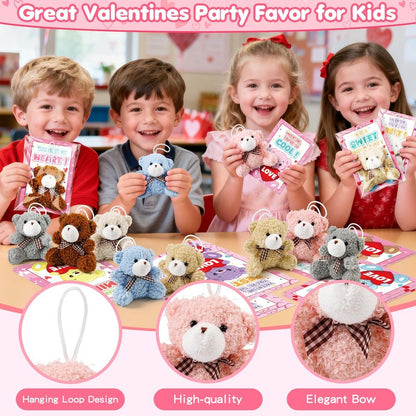 Jumlys Valentines Day Gifts for Kids, 24 Packs Valentines Day Cards with Stuffed Bear Toys, Valentine Day Party Favors for Boys Girls, Ideal Exchange Cards for Classroom