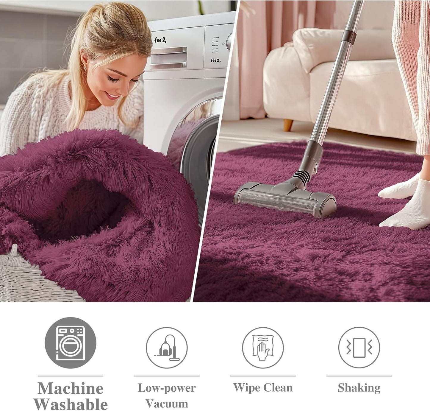 OLANLY Round Burgundy Area Rug - Soft, Machine Washable 7 ft Shaggy Carpet for Bedroom & Living Room Decor