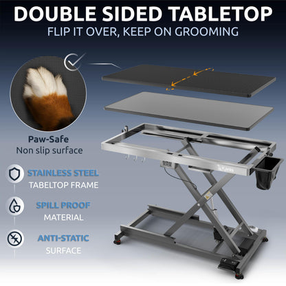 KANIS Professional Electric Dog Grooming Table - Heavy Duty, Height Adjustable Pet Grooming Table w/Leveling Wheels, Dog Grooming Arm, Anti-Slip Tabletop & Tool Organizer (Grey, 49")