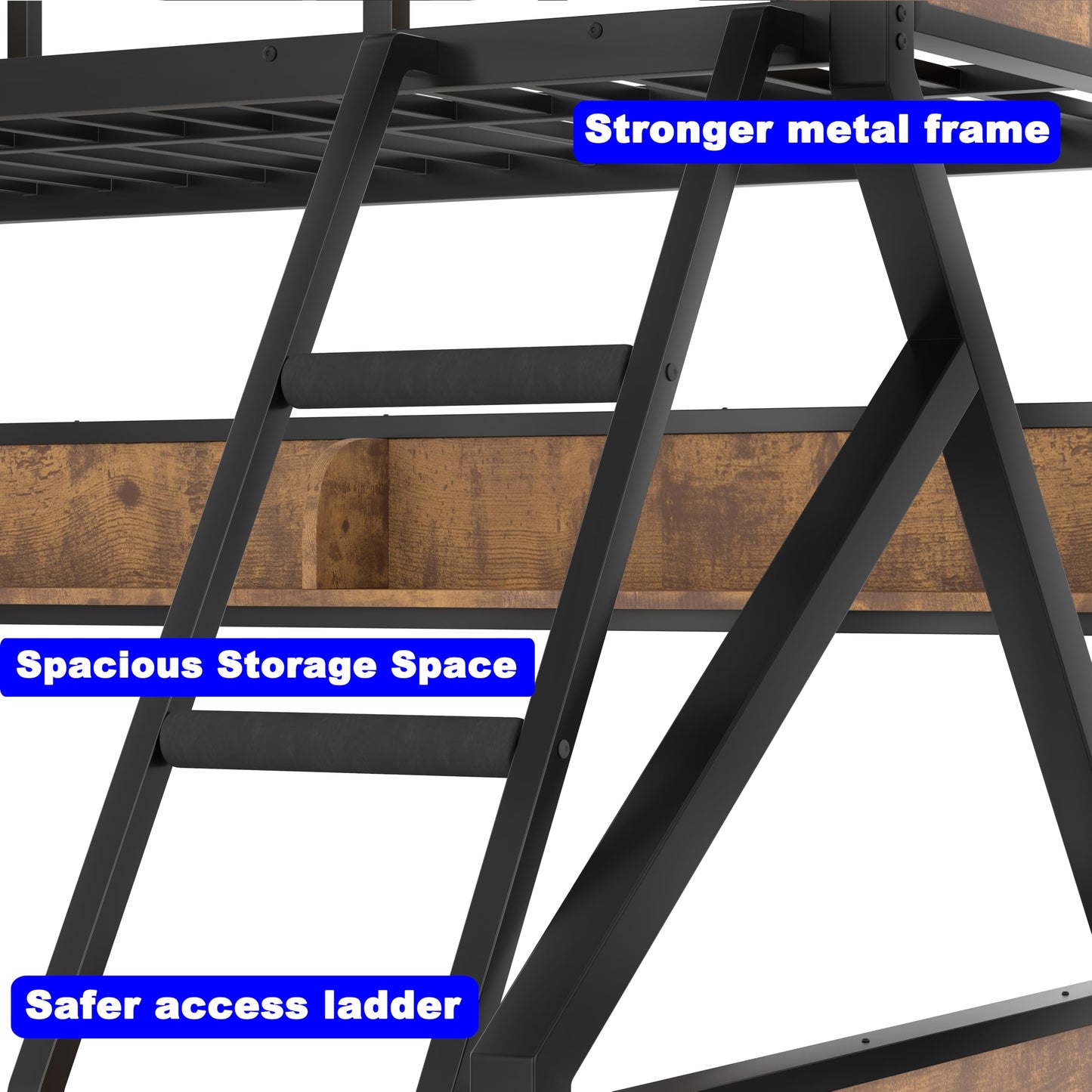 SIMPLEZC Upgraded Version Heavy Duty Thicken Metal Twin Over Full Bunk Bed with Storage Shelves and Lights, Best Industrial Style Bunk Bed Twin Over Full Size with Wood Board for Adults