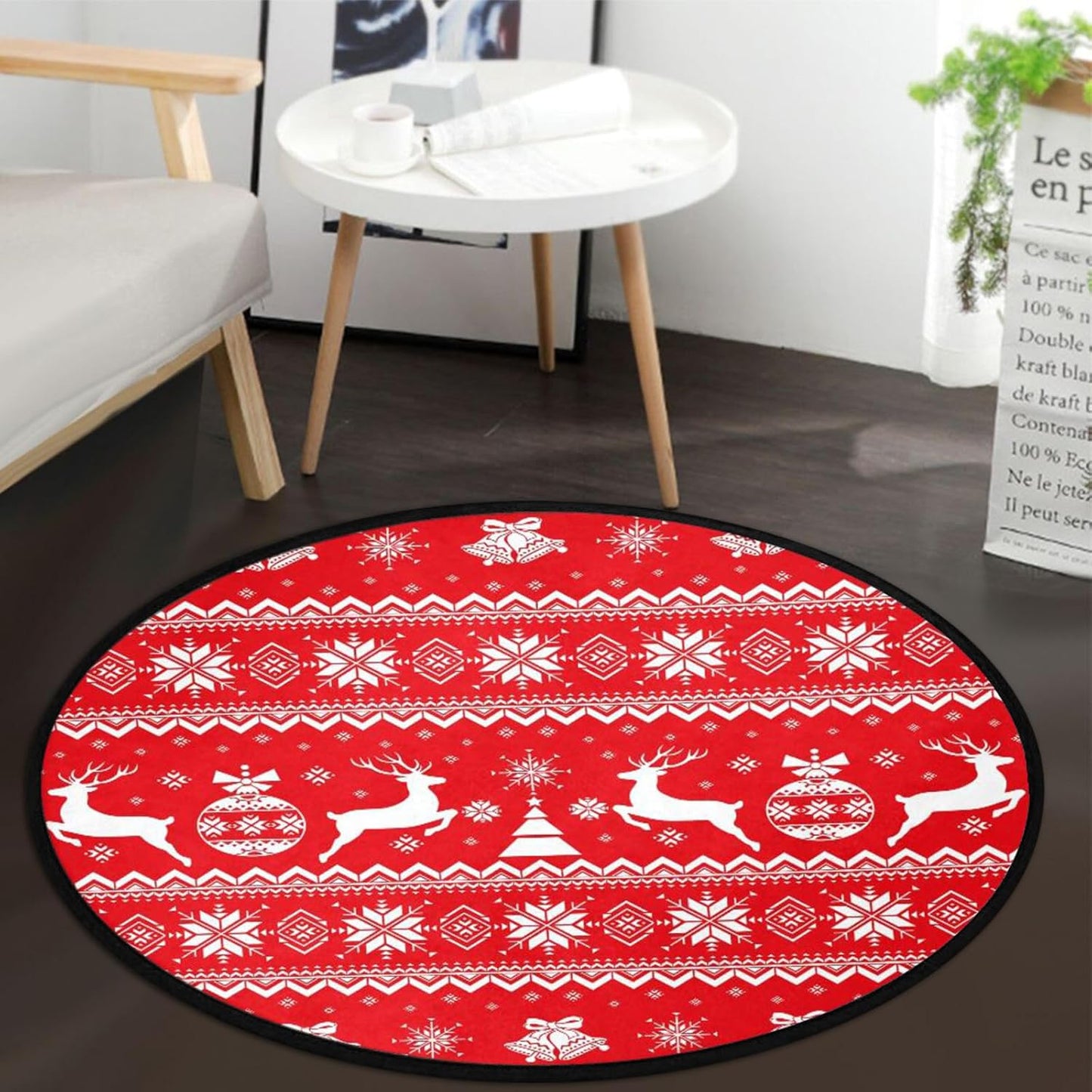 Christmas Boho Round Rug, Merry Christmas Area Rug for Bedroom Living Room, Non-Slip Floor Mat Carpet
