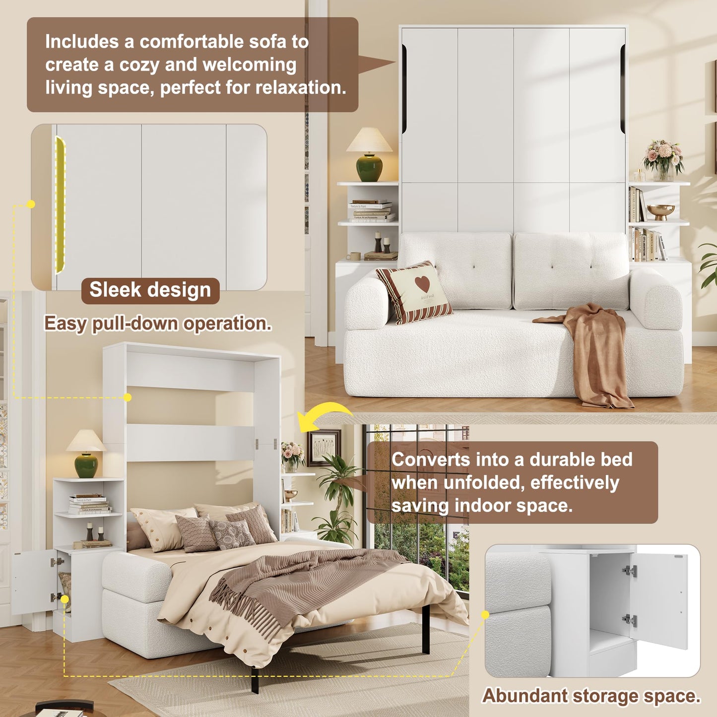 Ball & Cast Murphy Bed Full Size Murphy Beds with Sofa and Storage Cabinets,Wood Wall Hideaway w/Slat Support,can be Folded,Space-Saving,for Small Room,Dorms,White