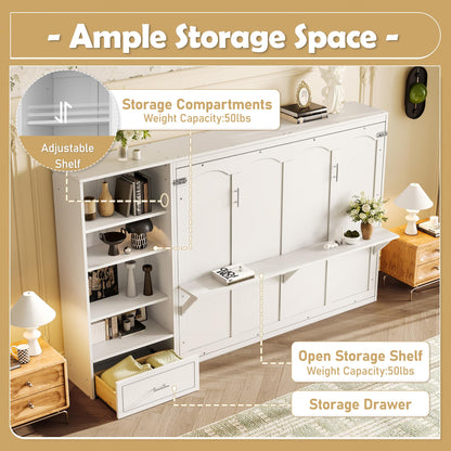 Murphy Bed Queen,Murphy Bed with Height Adjustable Storage Compartments and Shelf,Wall Bed Frame w/ 1 Drawer, Multifunctional Foldable Platform Bed for Bedroom,Guest Room,White