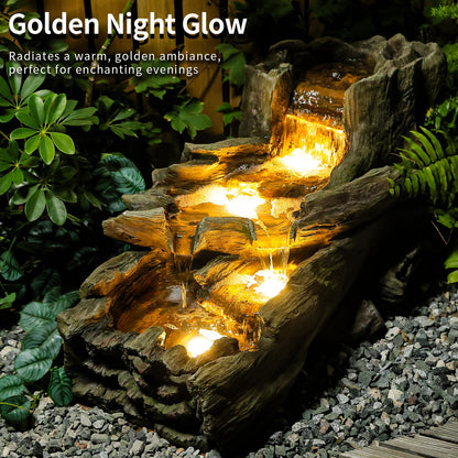 Sunlinua 34.5" L Garden Outdoor Water Fountain, Floor Standing Wood Imitation Resin Natural Waterfall Fountains with LED Lights for Patio, Porch, Home Art Decor