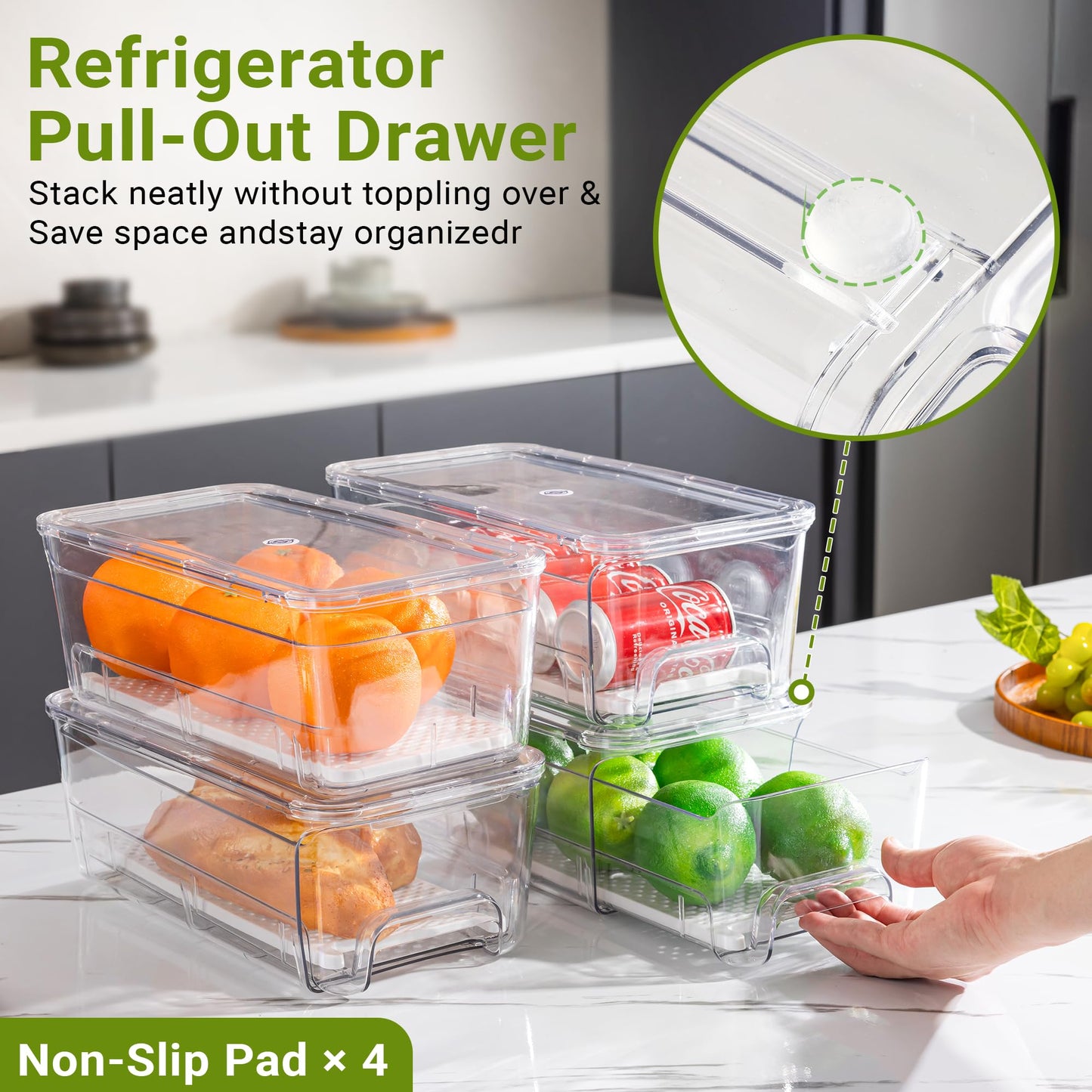 Imncya 4 Pack Fridge Organizer Drawers Bins, Clear Stackable Pull Out Refrigerator Drawer Organizer, Fridge Storage Container with Lids for Fruits, Vegetables, Drinks and Food