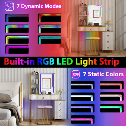 CHARMAID RBG Vanity Desk with Lights and Mirror, 7 Dynamic & 7 Static Modes, White Makeup Vanity Table with 3-Drawer Chest, 3 Shelves, Jewelry Storage Drawer, Girls Dressing Table with Stool