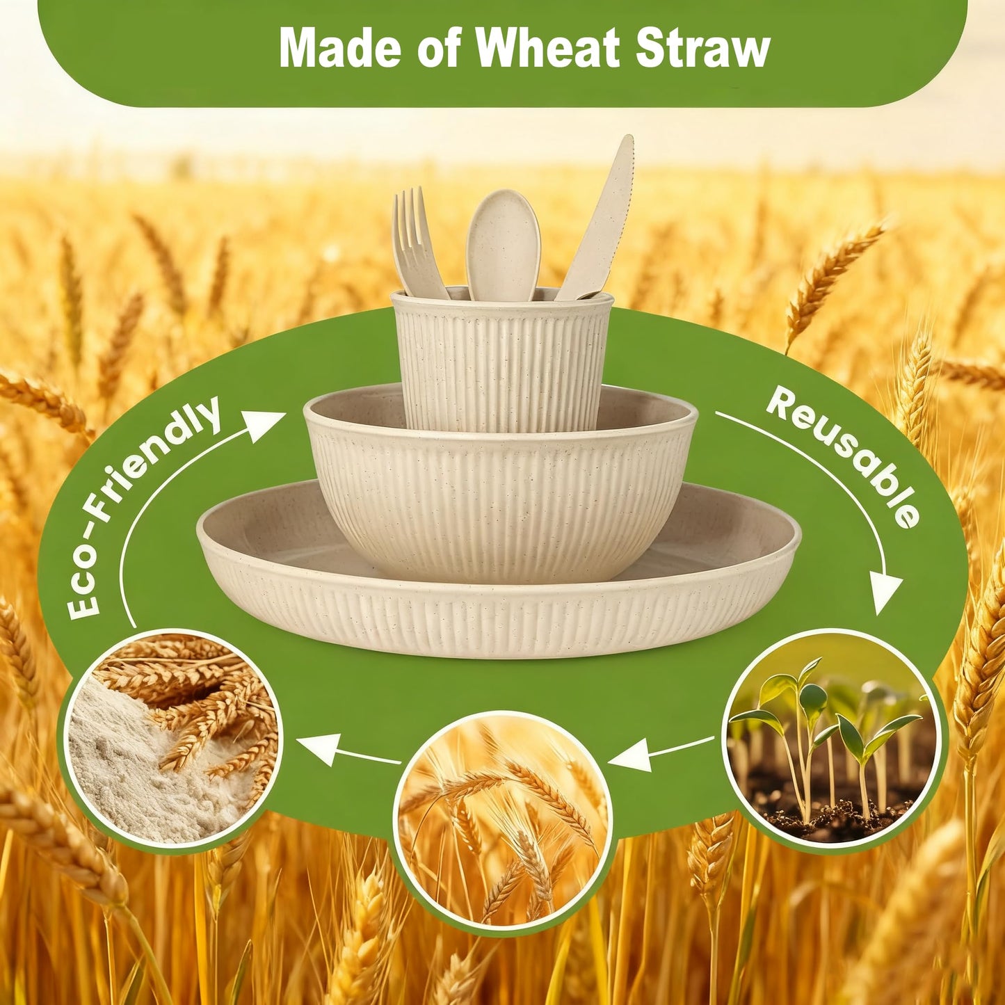 36-Piece Reusable Wheat Straw Dinnerware Sets for 6, Farielyn-X Unbreakable Reusable Set Kitchen Cups, Plates, Bowls Sets & Cultery Dishwasher Microwave Safe - Patio, Outdoors, RV, Camping Dishes
