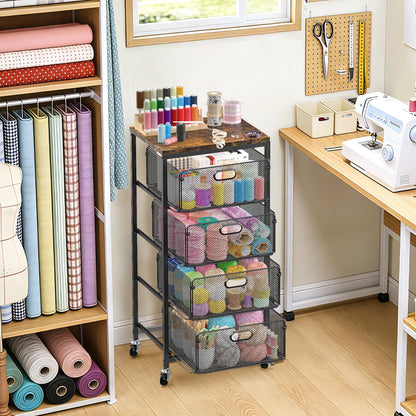 SUNALLY Rolling Kitchen Cart with Drawers, 4-Tier Utility Cart Fruit Vegetable Storage Cart with Lockable Wheels, Wooden Top Metal Kitchen Storage Organizer for Cans, Snacks, Beauty, Craft, Art, Black