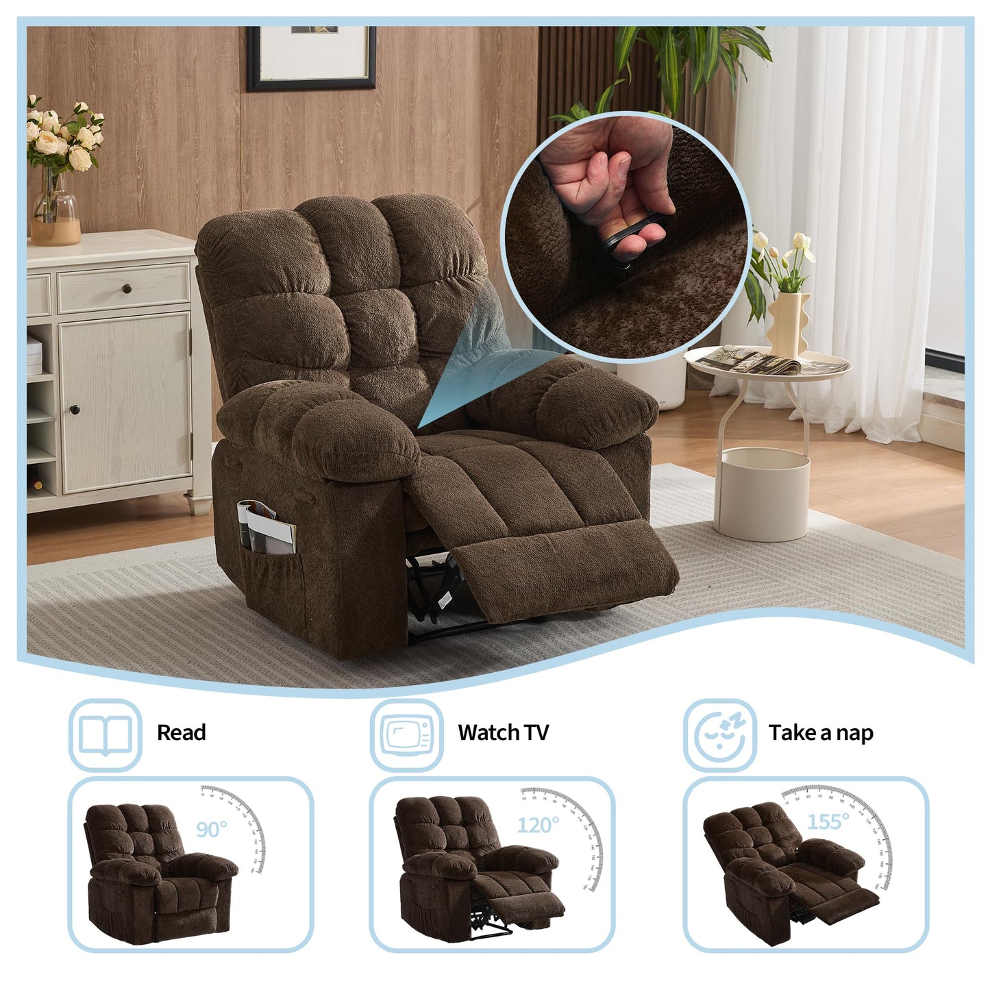 21.2'' Manual Recliner Chair,Ergonomic Overstuffed Breathable Fabric Reclining Chair with Side Pockets,Q235 Steel Frame Lazy Boy Recliner Single Sofa for Living Room Bedroom