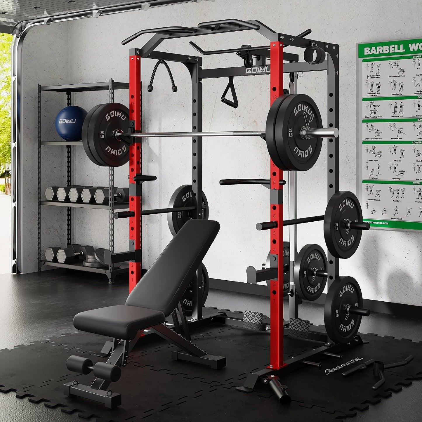 Goimu C1-V4 Power Cage, 2000LBS Squat Rack with LAT Pulldown, Multi-Function Weight Cage Strength Training Machine, Workout Cage with More Attachments for Home Gym Garage (RD Power Cage C1)