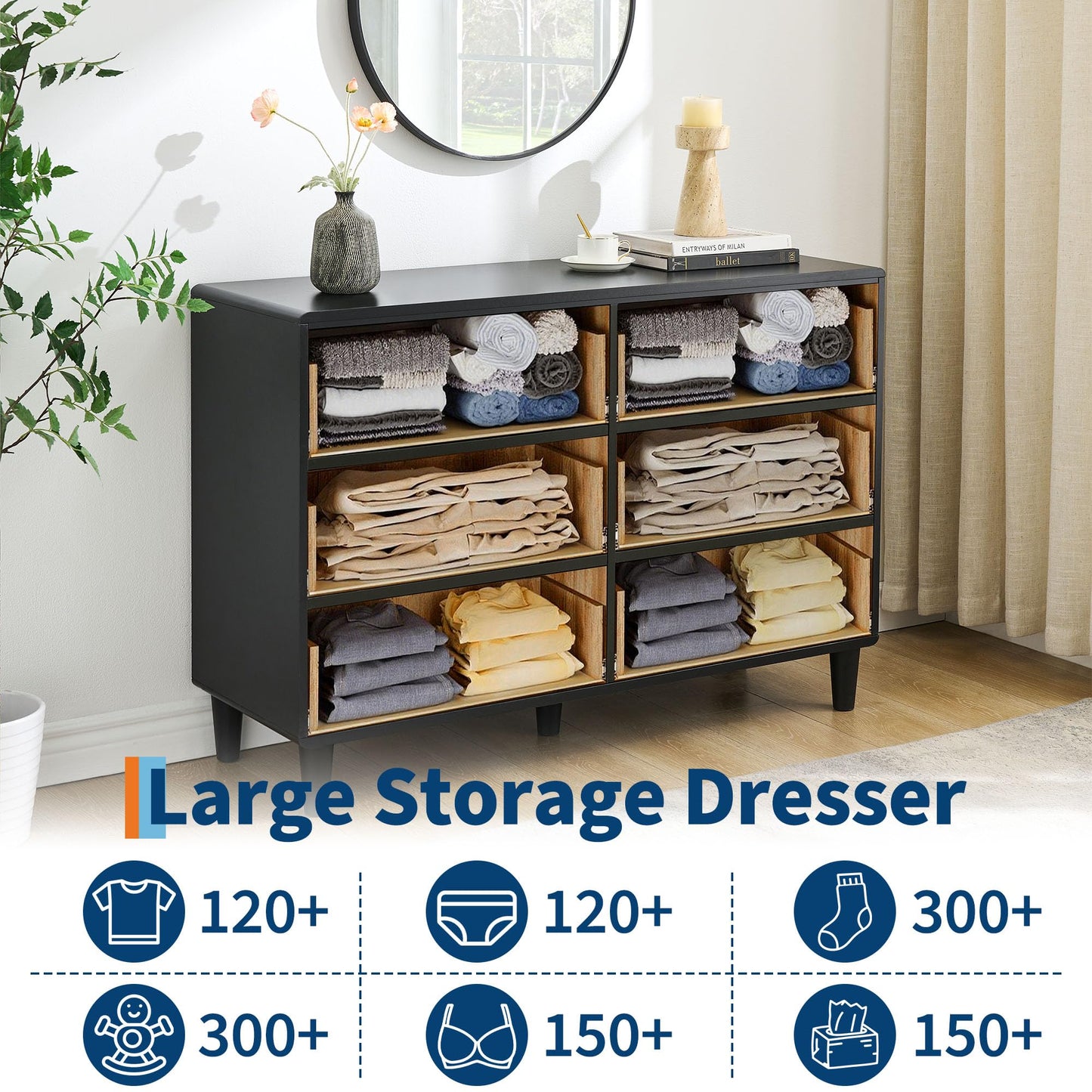 IDEALHOUSE 6 Drawers Dresser for Bedroom, 47" Wide Modern Chest of Drawers with Vintage Circle Handle w/Curved Profile Design, Wood Dresser for Living Room, Hallway, Entryway, Natural Oak