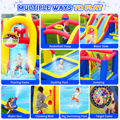 Easyair Large Inflatable Water Slide for Big Kids, Water Bounce House, Outdoor Blow Up Pool, Climbing Wall, Basketball Hoop with Blower