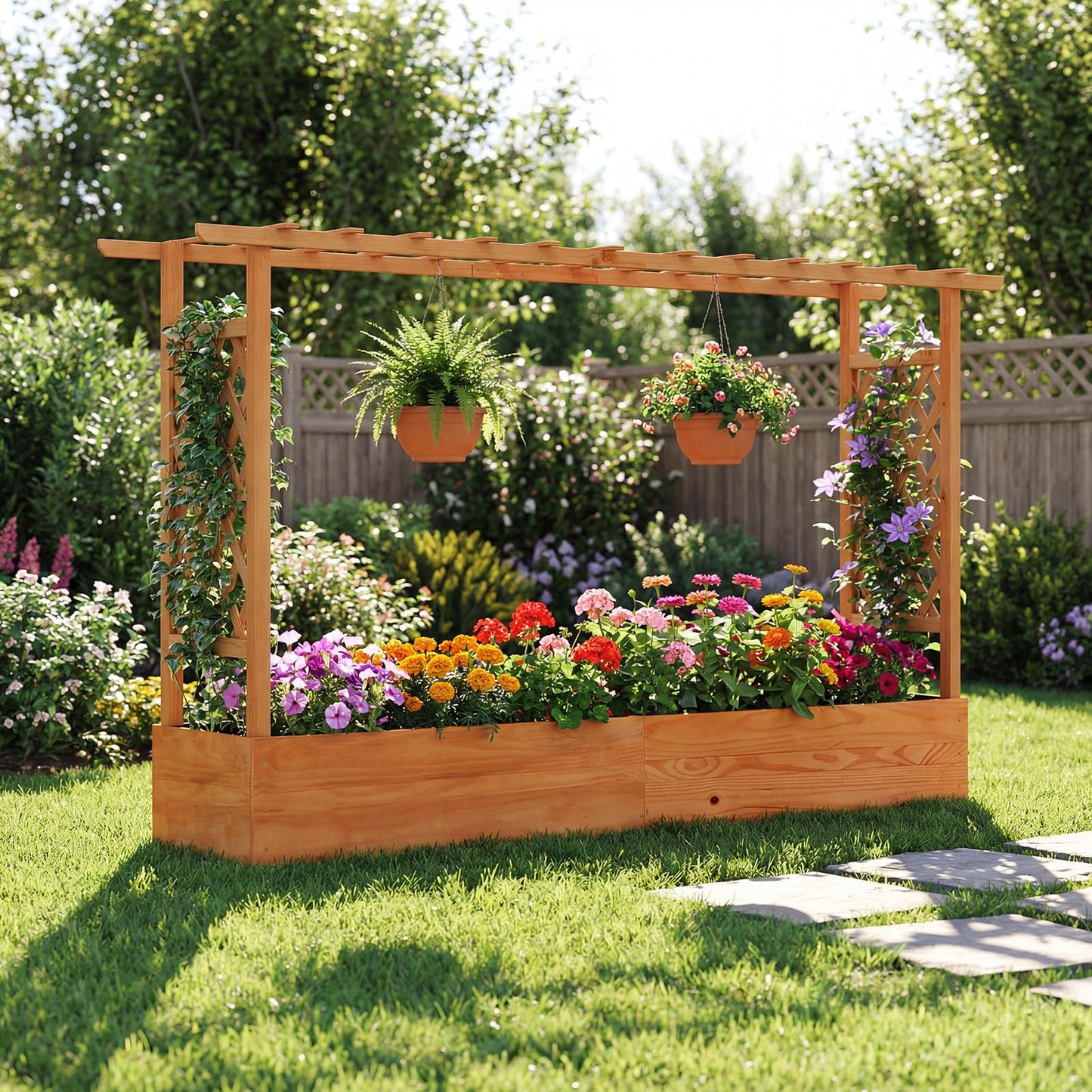 LDAILY Raised Garden Bed with Trellis, Above Ground Garden Bed with Hanging Roof, Side Trellis, & 6 Drainage Holes, Planter Box for Outdoor Climbing Plants Vines Flowers