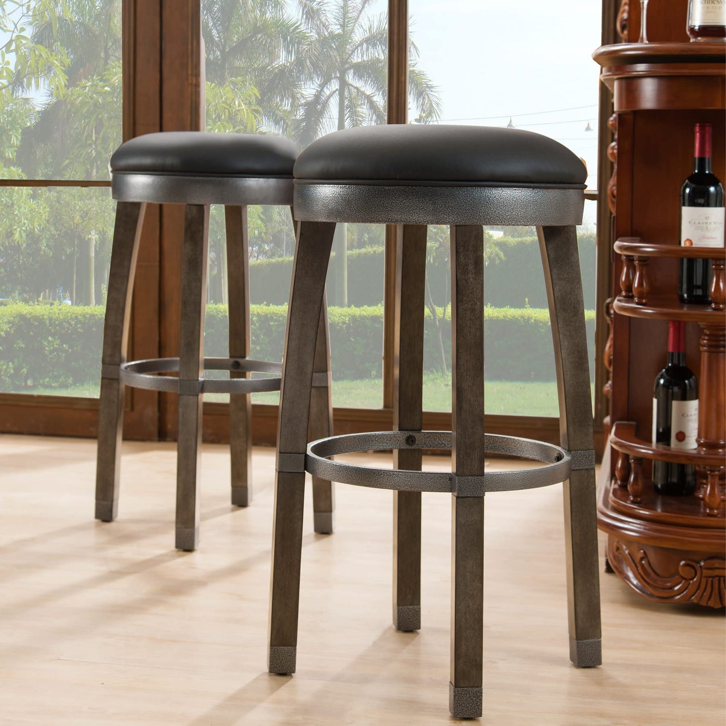 Leick Home Calton Counter Stool, with Swivel Seat, for Kitchen or Dining Area, Black Faux Leather and Graystone, 2 Pack, 10118GS/BL