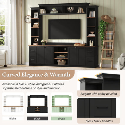 Merax 4-in-1 Wall Unit Entertainment Center with Bookshelf for TVs Up to 70", Farmhouse Large TV Stand with Walnut Adjustable Shelves, Elegant Retro Media Console with Drawers for Living Room, Black