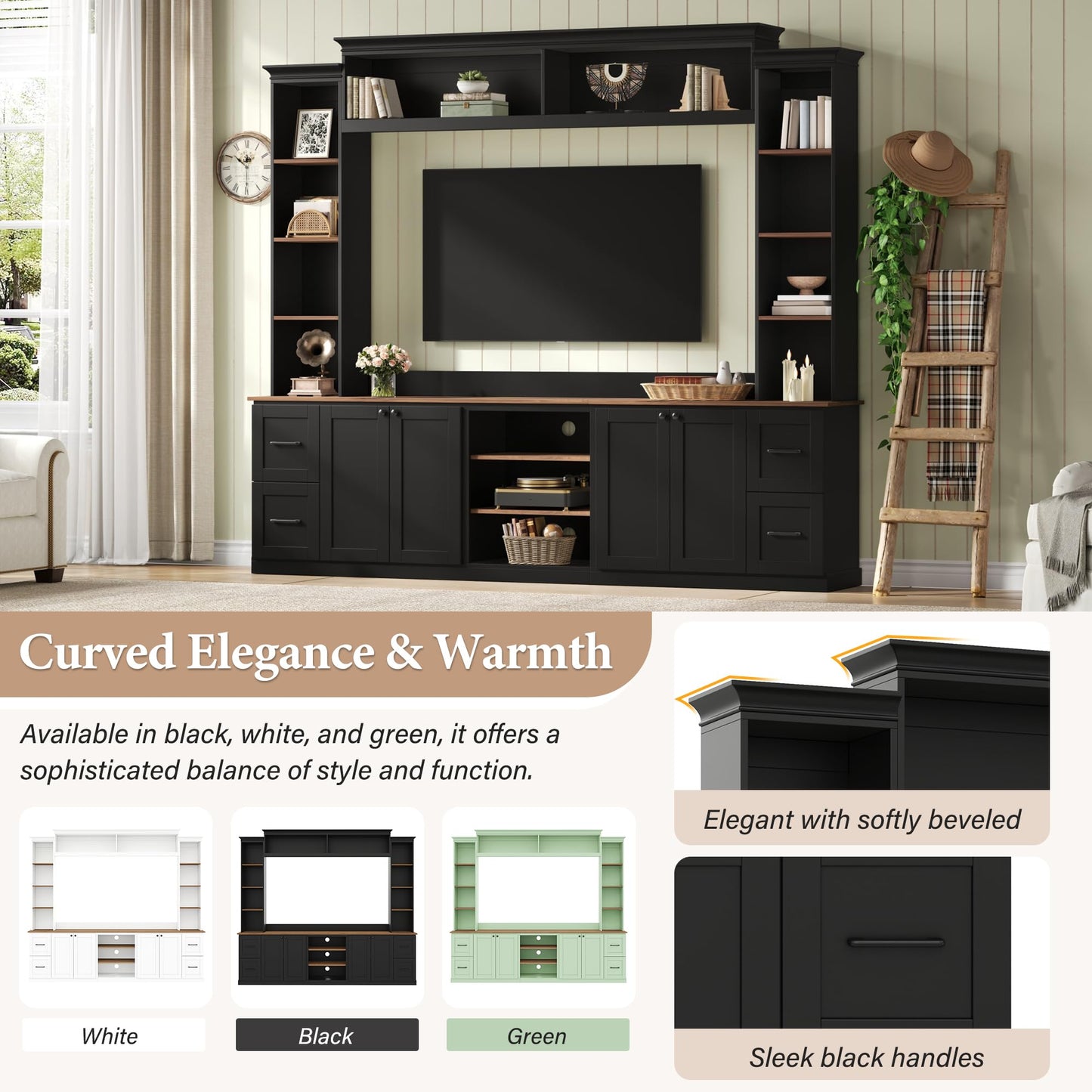 Ball & Cast 94.8" Entertainment Center Wall Unit with Bookshelf for TVs Up to 70",Farmhouse Large TV Stand with Walnut Adjustable Shelves,Retro Media Console with 4 Drawers for Living Room,Black