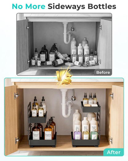 EVERIE Height Adjustable 2 Tier Metal Pull Out Slide Shelf Organizer for Under Sink Cabinets in Kitchen, Bathroom, with Snap-on Top Tray, 16" Deep (Black, 2 Sets)