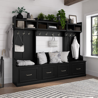 Bush Home Woodland 40W Shoe Storage Bench with Doors and Wall Mounted Coat Rack in Black Suede Oak | Foyer, Mudroom, Entryway Organizer