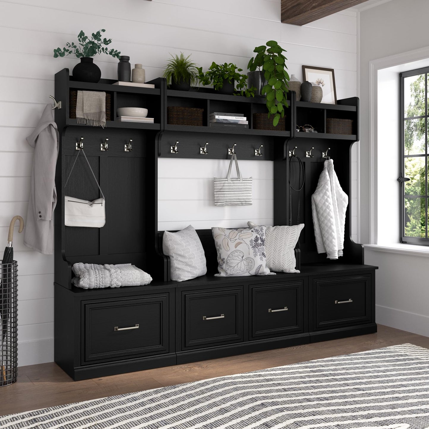 Bush Home Woodland 40W Entryway Bench with Doors and Wall Mounted Coat Rack in Black Suede Oak | Mudroom Shoe Storage, Clothing Organizer