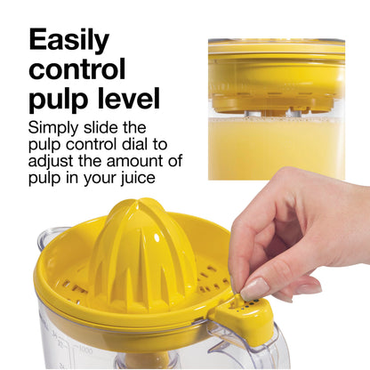 Proctor Silex Alex's Lemonade Stand Electric Citrus Juicer Machine, Large 34 oz. Pitcher, Pressure Activated, for Lemons, Limes and Oranges, 34 oz, Includes 2 Reamers & Recipe Book, Yellow (66341)