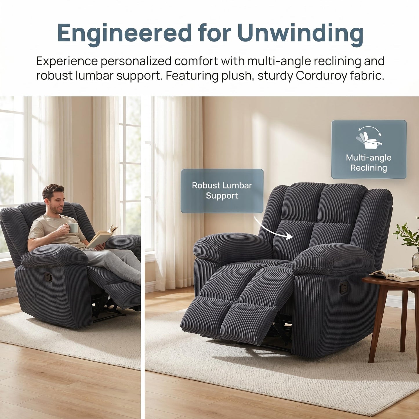 Trygoal Manual Recliner Chair, Nursery Rocking Chair, Recliner Chair for Adults, Lazy Boy, Gaming Recliner wih Overstuffed Arms, Suitable for Home Theater, Living Room, Bedroom, Dark Grey