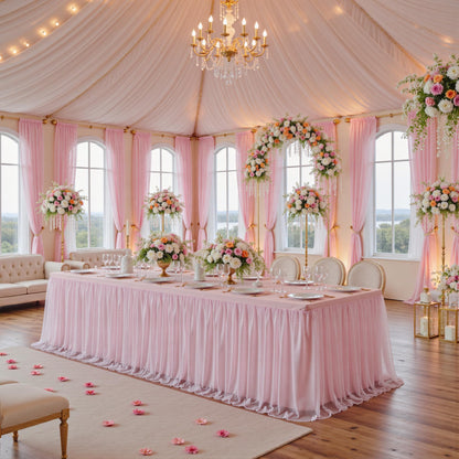 familus Pink Table Cloths 6 Foot Rectangle 2 Pack Stretch Ruffle Tulle Tablecloth Spandex Fitted Table Cover for 6 Foot Tulle Table Skirts for Party Wedding Table Cloths, Banquets