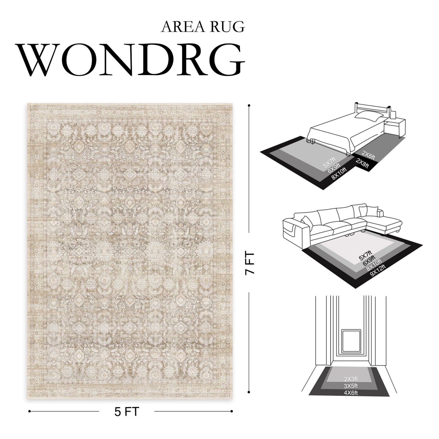 WondRg 9x12 Beige Washable Modern Area Rug Living Room Non Slip Low Pile Floral Extra Large Rug Vintage Traditional Stain Resistant Carpet Bedroom Office Indoor Playroom