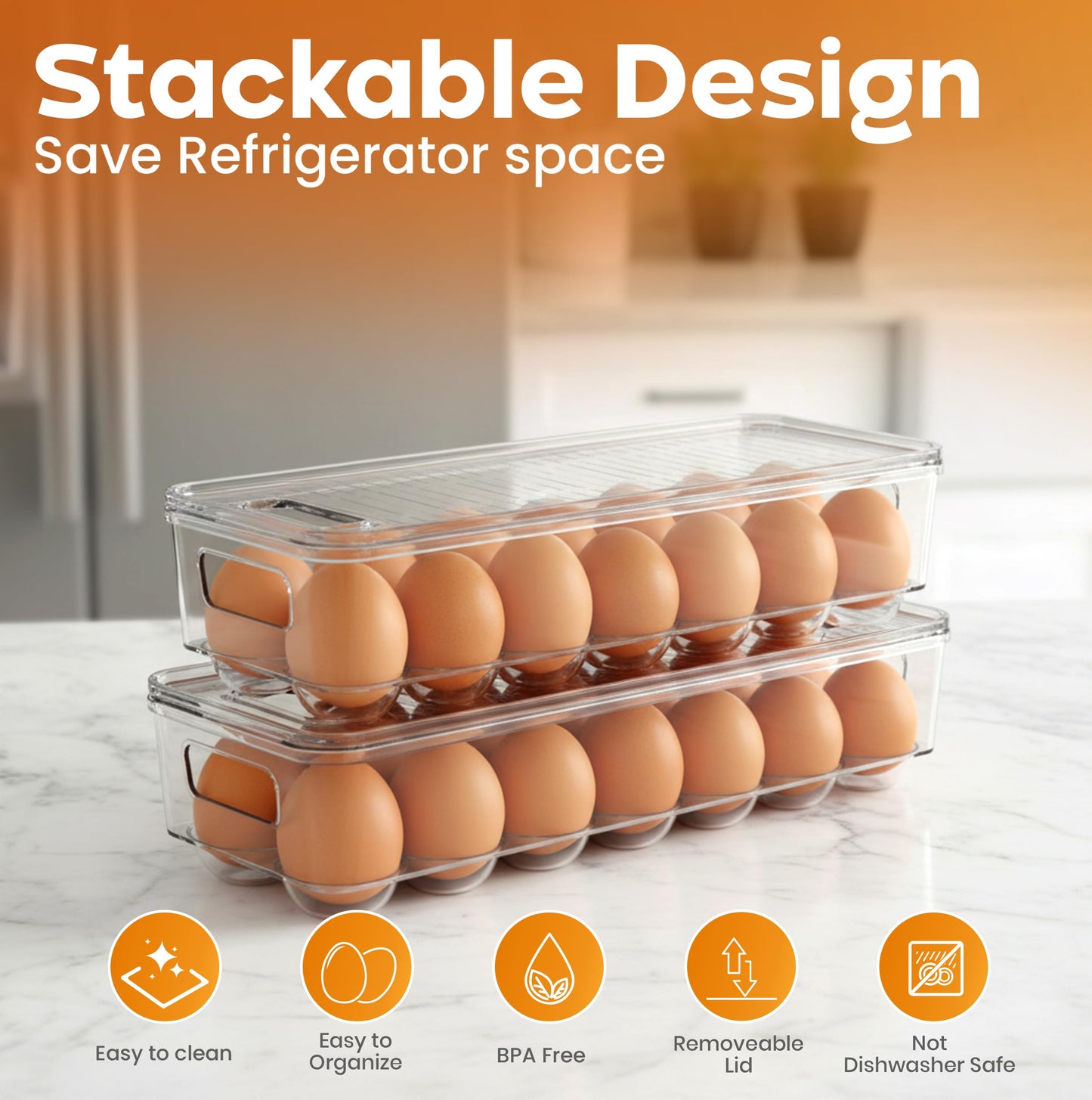 Utopia Home Egg Container With Lid and Handle for Refrigerator - Pack of 3 - Clear Stackable Egg Holder for Kitchen Storage and organization