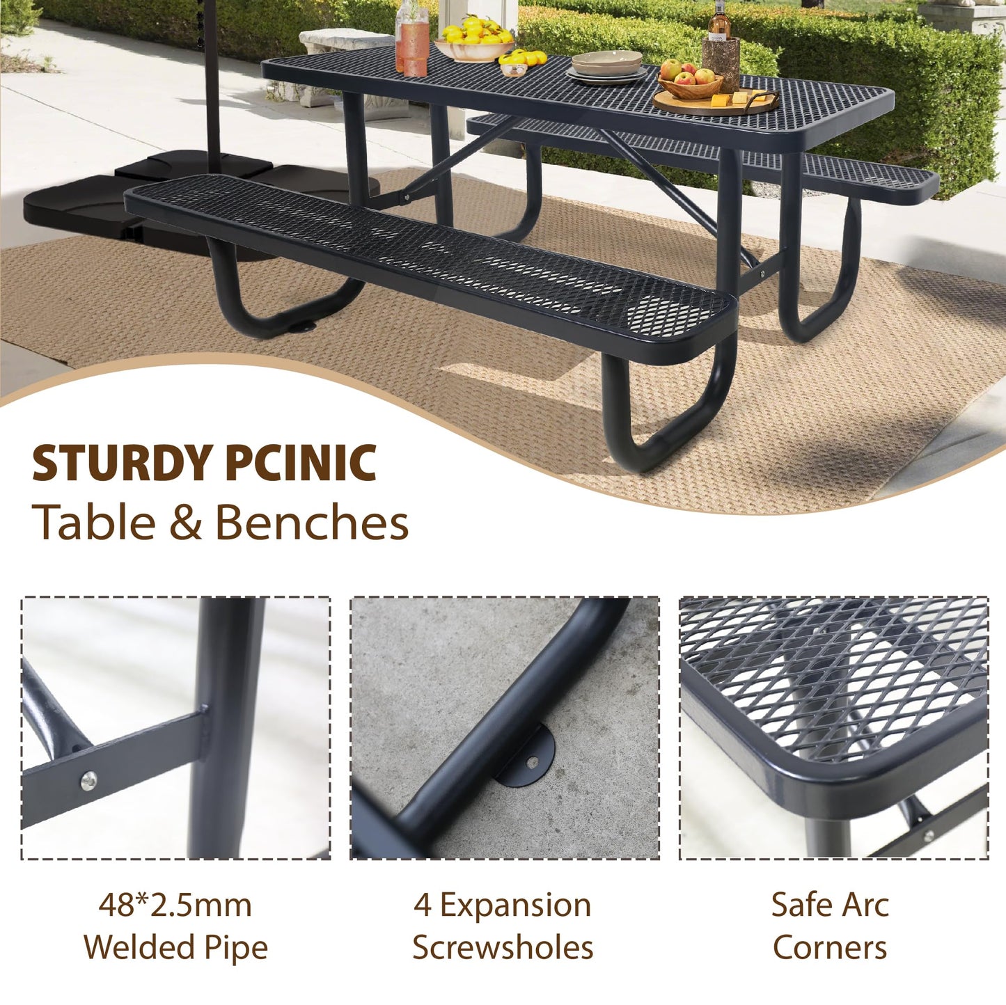 4FT Metal Picnic Tables for Outdoors, Commercial Rectangular Picnic Table and Bench Set for Outside, Patio, Garden, Backyard, Porch, Surface Mount, Black