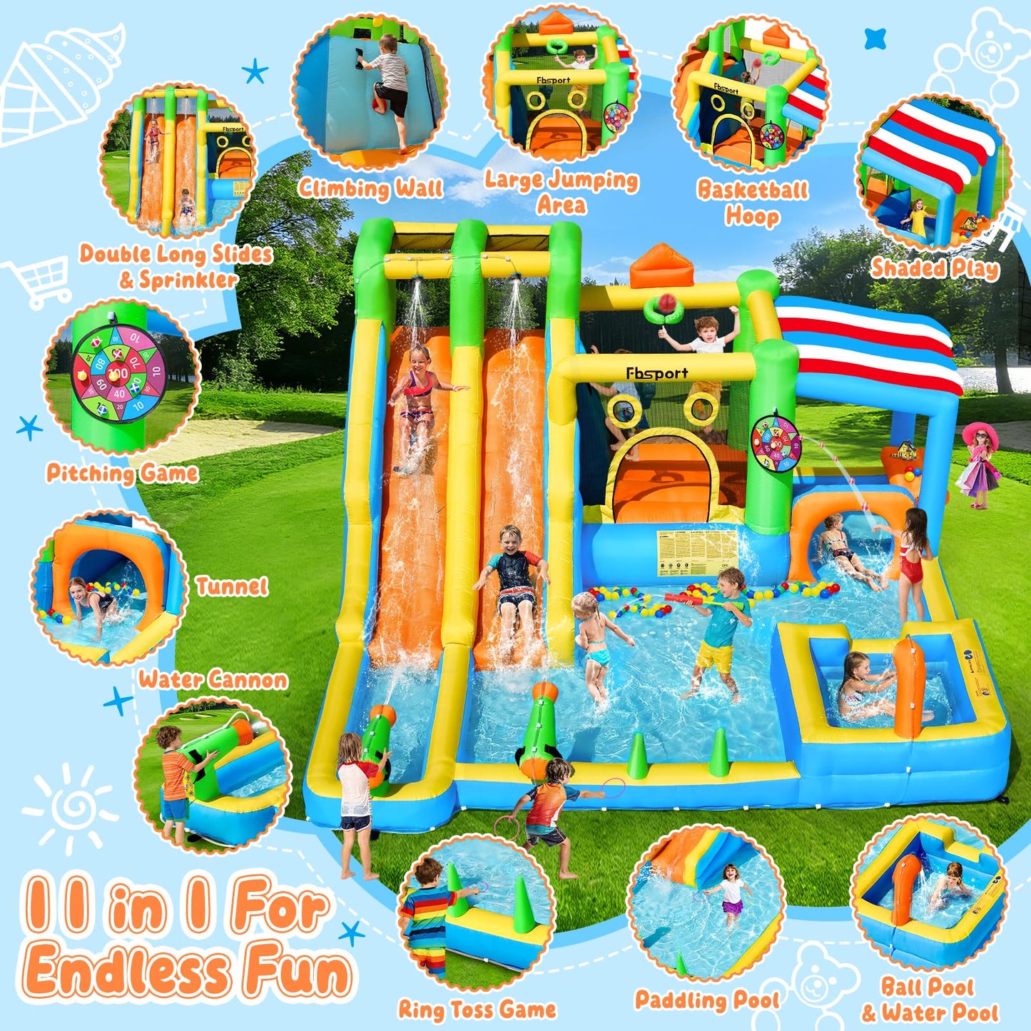 FBSPORT Inflatable Bounce House Double Water Slide,11 in 1 Inflatable Water Slide Park with 680W Blower, Splash Pool, Climbing Wall, Bouncy Castle for Indoor Outdoor Backyard