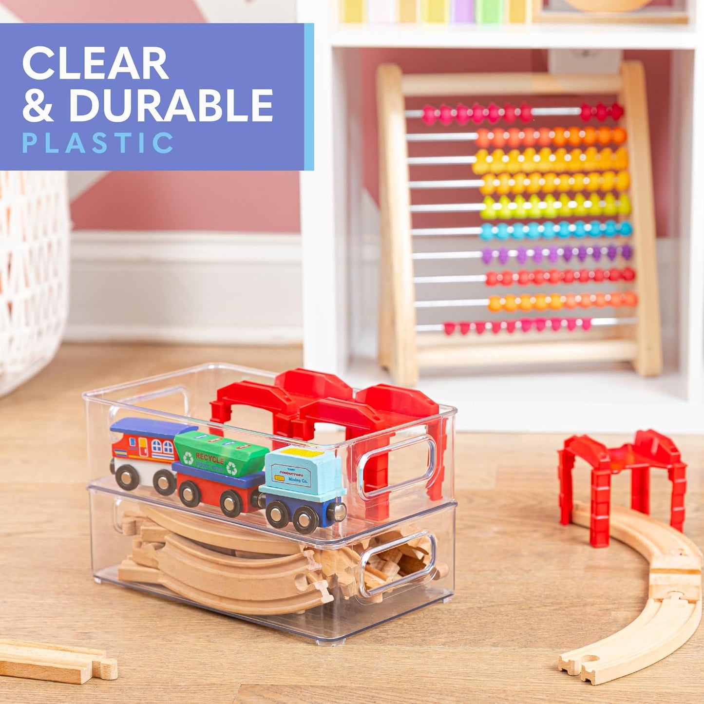 Plastic Food Storage 2 Pack Clear Container Bin with Handles for Kitchen, Pantry, Refrigerator, Stackable 10”x6”x3”