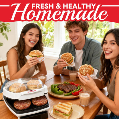 SugarWhisk 2 In 1 Hamburger Grill Maker, Electric Indoor Grill and Panini Press with Non-stick Grill Plates, 1200W, Easy to Clean and Store, White