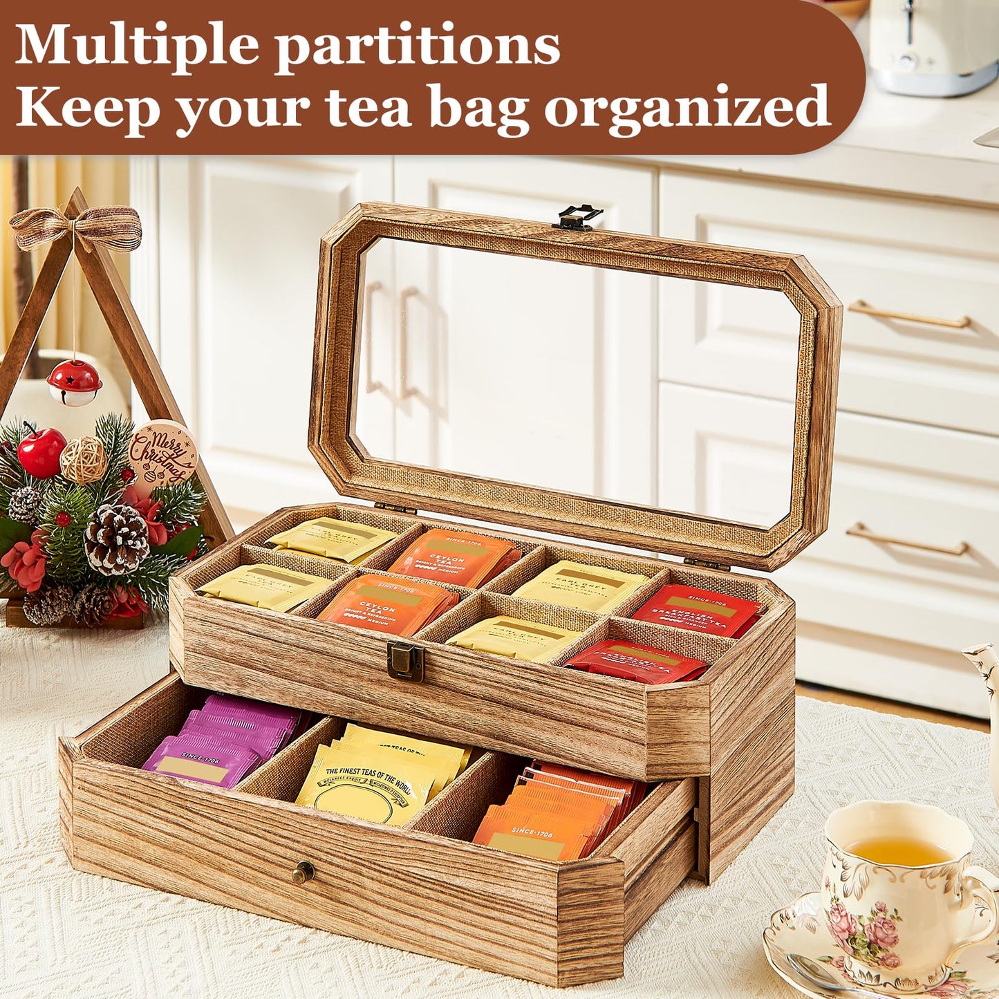 YIYYZI Tea Bag Organizer, Solid Wood 2 Layer Tea Box Organizer Storage, Christmas Gift Tea Bag Holder with Drawer Acrylic Window, Tea Organizer Caddy