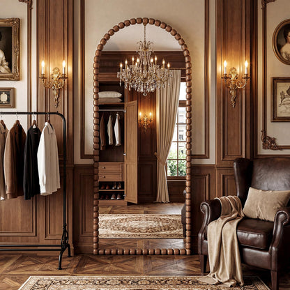 FlyEcho Arched Full Length Mirror, 71"x28" Antique Beaded Full Body Mirrors, Large Floor Mirror with Stand, Hanging Mounted for Bedroom Living Room Cloakroom Hallway Decor, PU Frame, Brown