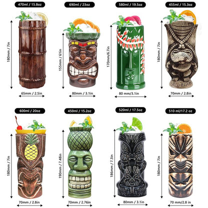 LINALL Tiki Mugs Cocktail Set of 8 - Tumblers Ceramic Hawaiian Luau Party Mugs Drinkware, Cute Exotic Cocktail Glasses, Tiki Bar Professional Hawaiian Party Barware, TKSET0017 (8pcs)