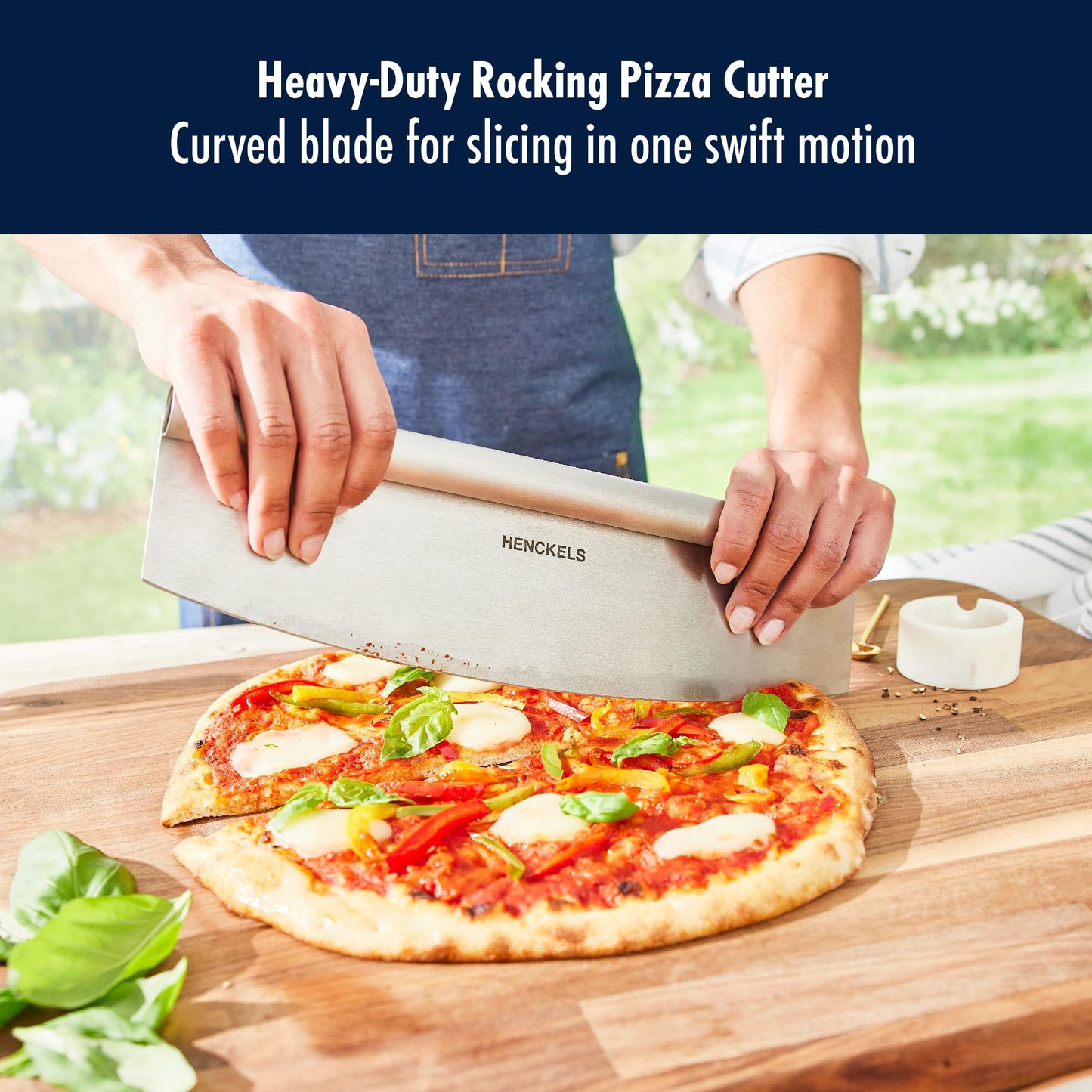 HENCKELS BBQ 2-pc Stainless Steel Pizza Cutter and Bench Scraper Set, Rocking Blade with Safety Guard and Measuring Scraper for Dough, BBQ and Baking