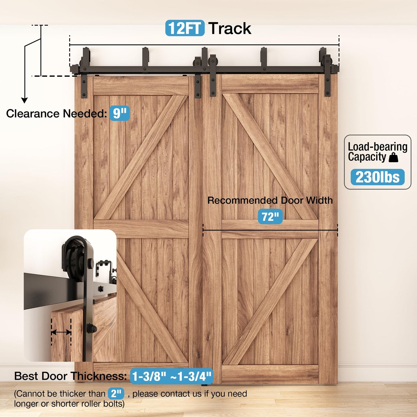 ZEKOO 12FT Double Track Bypass Sliding Barn Door Hardware Kit for 2 Doors, Bypass Barn Door Track Kit, Low Ceiling, Easy Install, J Shape Hanger, Fit 72" Wide Door Panel