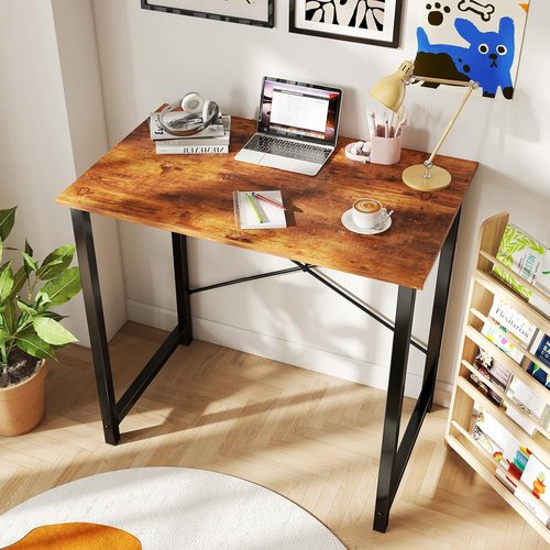DUMOS Small Computer Desk - Modern 32-Inch Home Office Writing Table with X-Shaped Reinforcement | Rust Finish