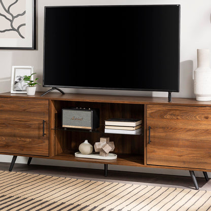 Walker Edison Saxon Mid Century Modern 2 Door Glass Shelf TV Stand for TVs up to 80 Inches, 70 Inch, Dark Walnut