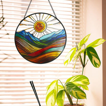 ZZHAOYI Sun Mountains Stained Glass Window Hanging, 7.9'' Sun Catchers Indoor Window Boho Wall Art Decor with Chain, Hand Painted Sun Catcher Gifts for Couples, Women