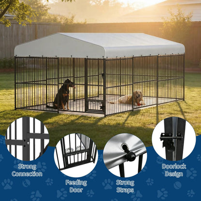 10 x 15 FT Large Outdoor Dog Kennel, Heavy Duty Outside Dog Kennel with Waterproof Cover Roof, Galvanized Metal Frame, Secure Lock, and Included Bowls for Backyard, Park, or Garden