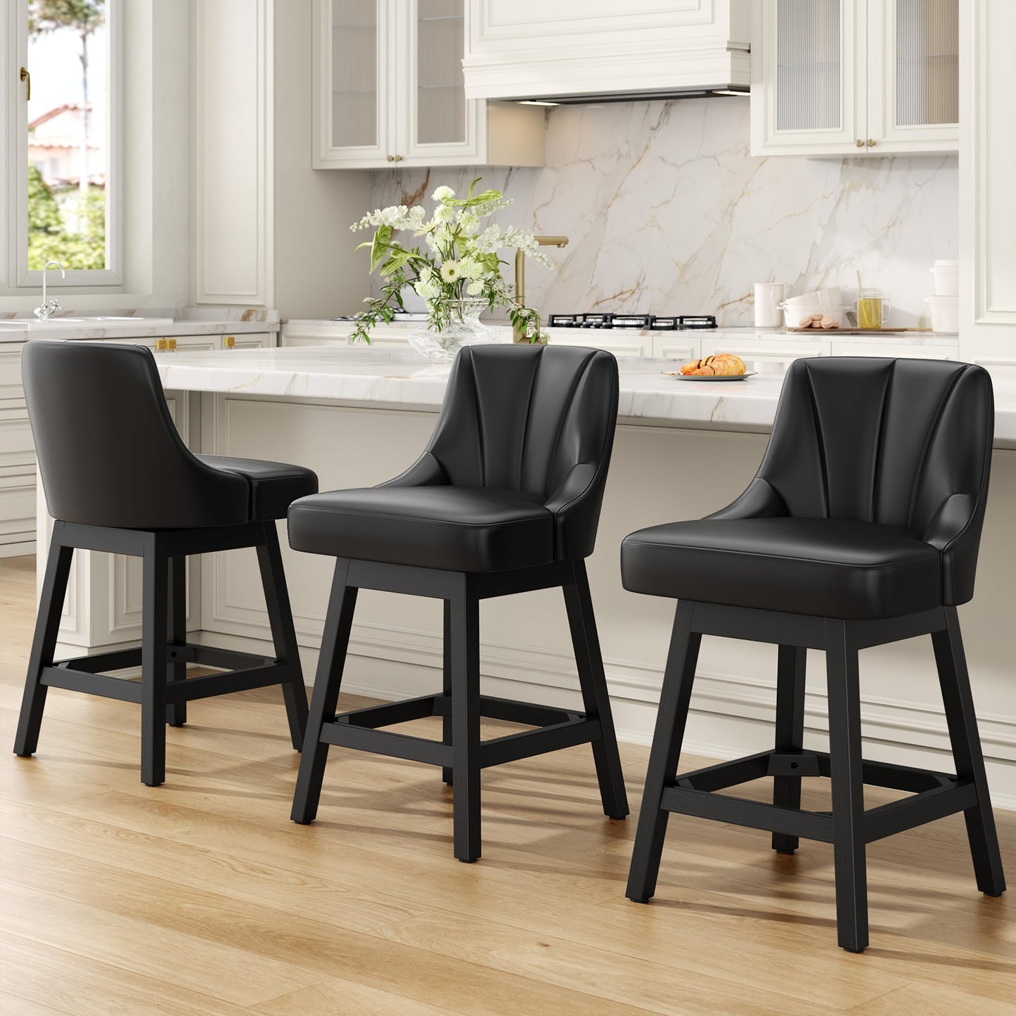 REONEY Swivel Bar Stools Set of 4, 26inch PU Leather Upholstered Counter Height Barstools, Modern Kitchen Island Chairs with Back and Solid Wood Legs for Home Bar, Black