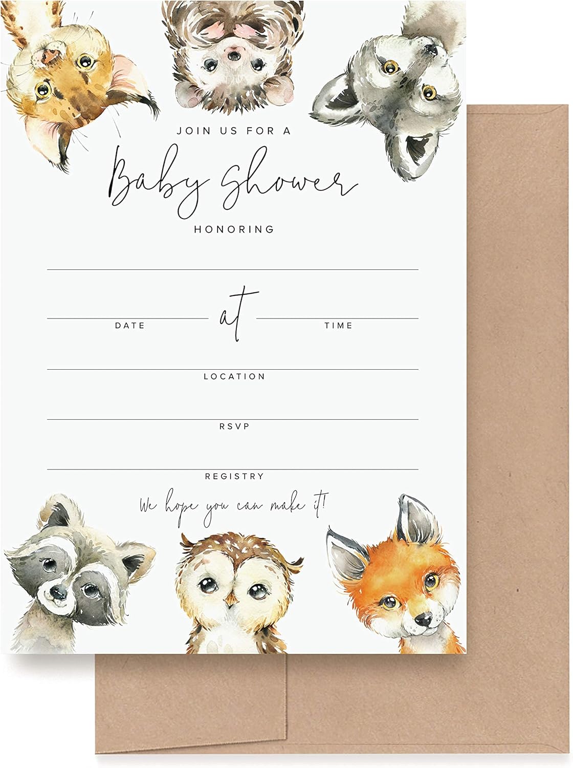 Bliss Collections 25 Baby Shower Invitations with Envelopes, Woodland Animals, Gender Neutral 5x7 Cards