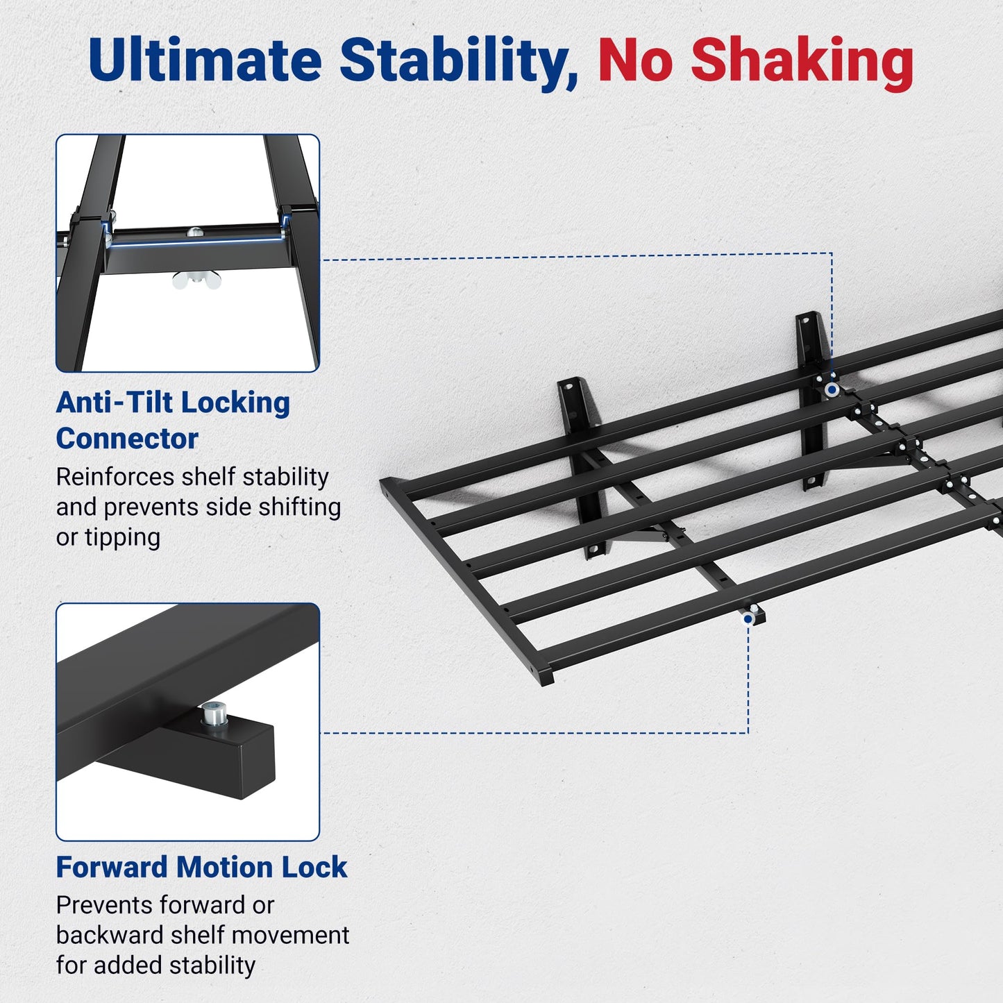 FLEXIMOUNTS 4-Pack 2x6ft Heavy Duty Garage Wall Shelving, 1200lbs Capacity, Garage Shelving Wall Mounted with 8 Hooks, Storage for Power Tools, Garden Supplies, Storage Bins, Lite Series